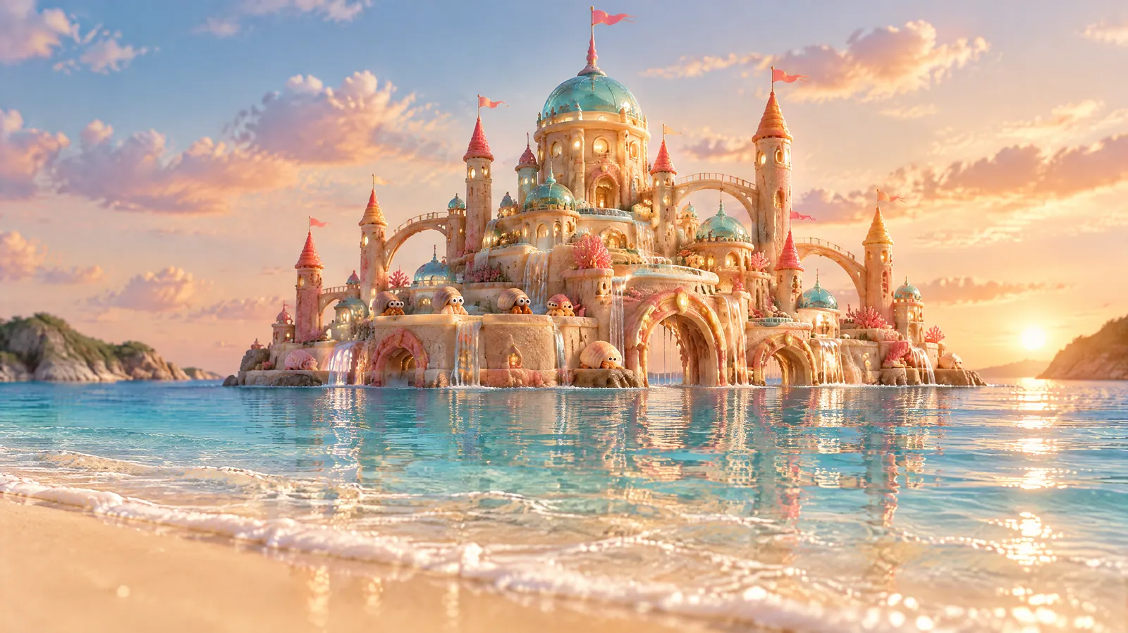 And then a great sand-and-coral city rising out of the lagoon at golden hour, terraces and towers with sea-glass domes, its reflection in the calm water