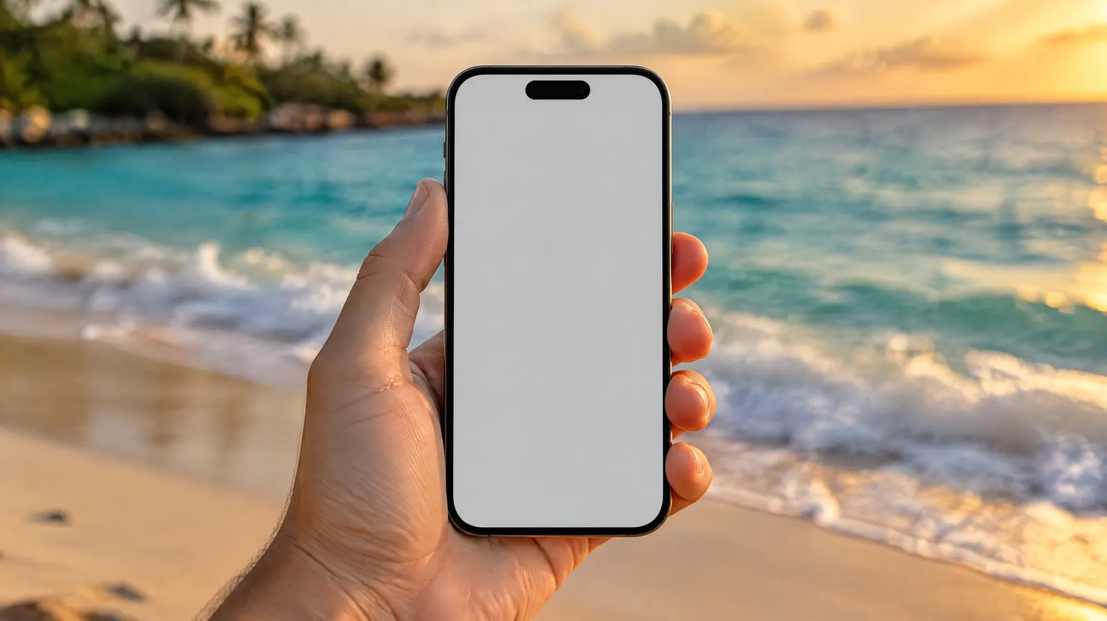 A hand holding an iPhone on a real beach at golden hour