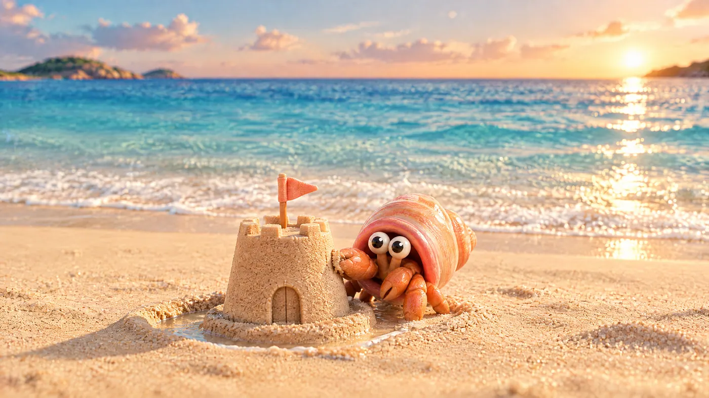 Day one: a single sandcastle on the beach, the OG patting its wall