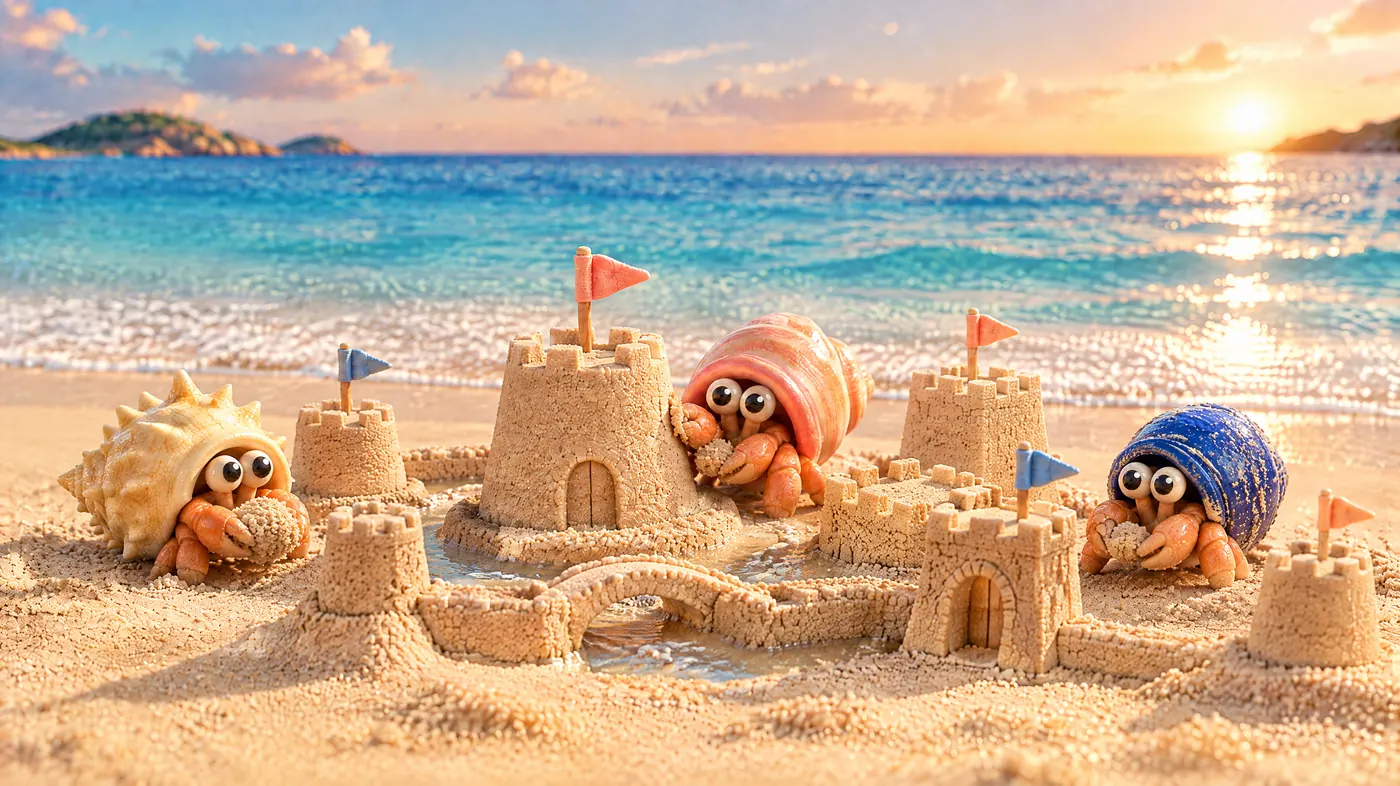 Week one: a small sandcastle town, two more crabs carrying sand