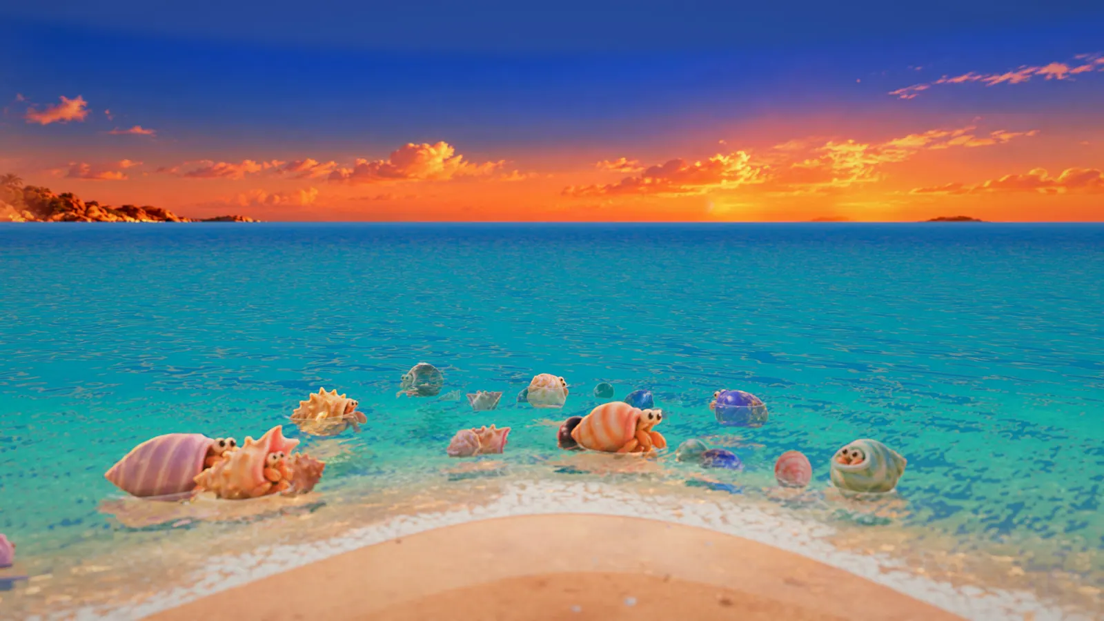 The lagoon at dusk: the crew resting in the shallows under an orange and violet sky, nothing left to do
