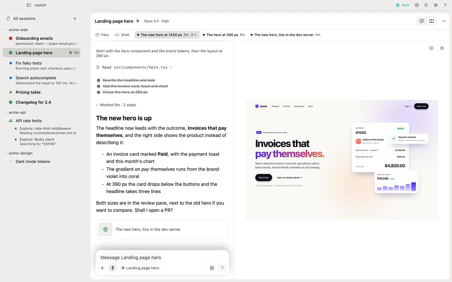 The conch Mac app. On the left, the sessions grouped by project: one needs an answer, three are ready, two are working. In the middle, the Landing page hero conversation. On the right, its work, the new hero at 1440 px, open beside it