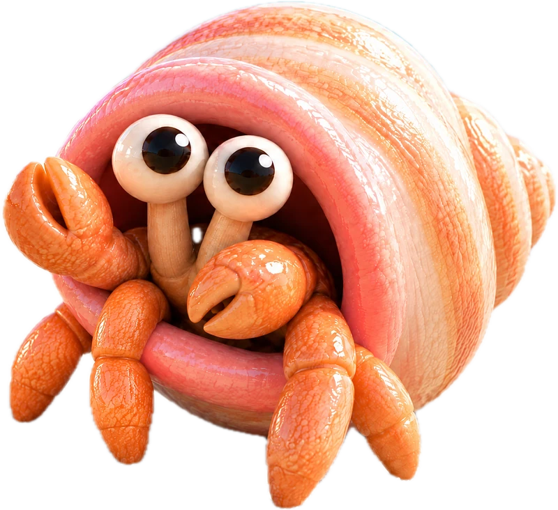 conch, the hero hermit crab: a coral-and-cream banded shell with a glossy pink lip, its eyes and claws peeking out of the opening
