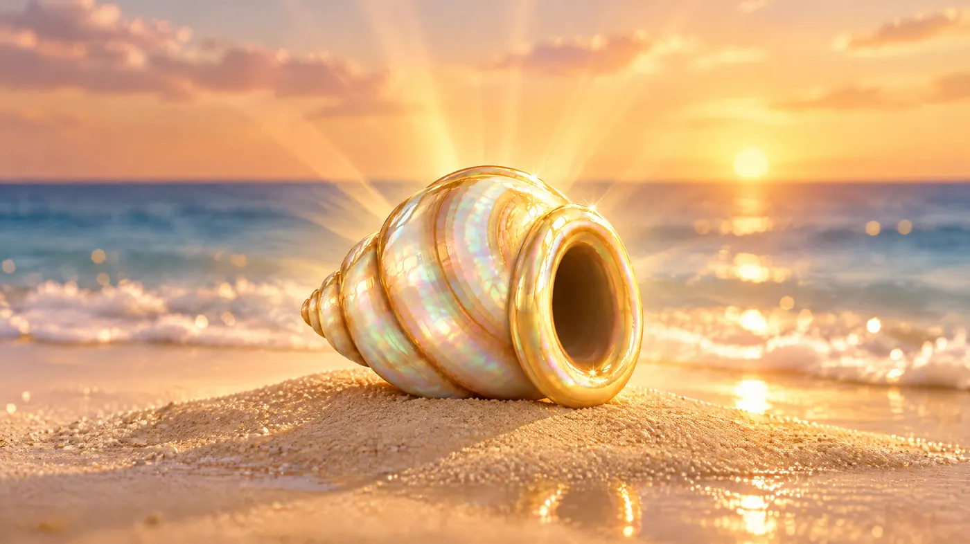 A legendary golden shell on wet sand at sunset, light rays behind it