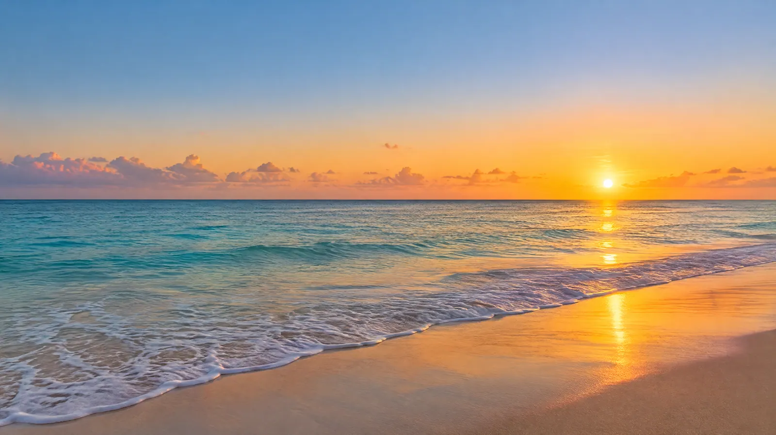A real beach at sunset, nobody on it, the waves coming in